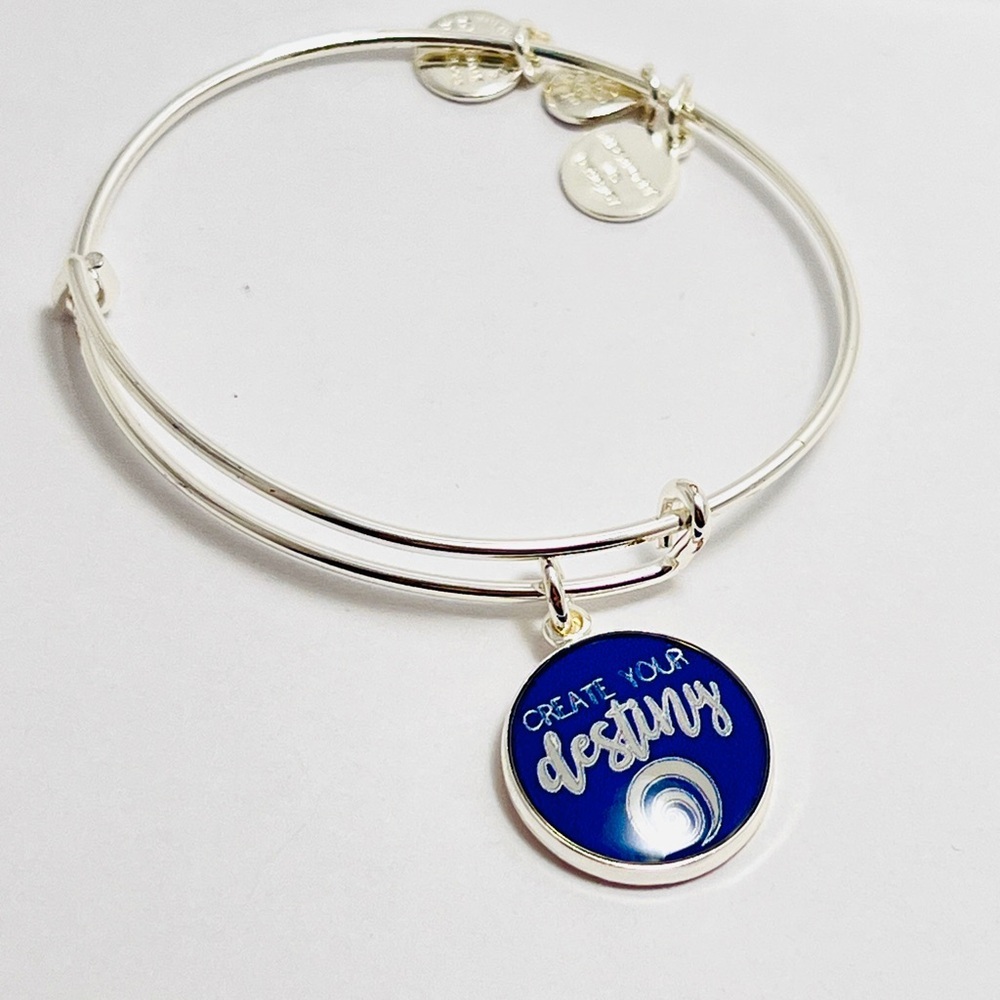Alex and Ani Shiny Silver “Create Your Destiny” Bracelet with Blue Charm
